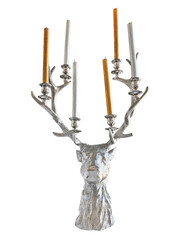 Isolated Candelabra deer head, silver metallic shiny décor, with silver and gold candles.  Luxurious candle holder with multiple arms, the horns , antlers of the reindeer, elk, mule, white-tailed, 