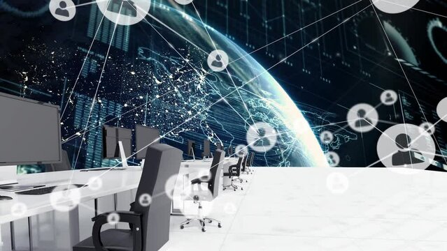 Animation of network of connections with icons over empty office and globe