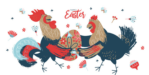 happy Easter. Colorful Easter banner with spring flowers and a cheerful rooster and a chicken with Easter egg.