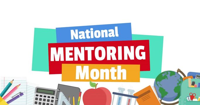 Animation of national mentoring month day text over school icons on white background