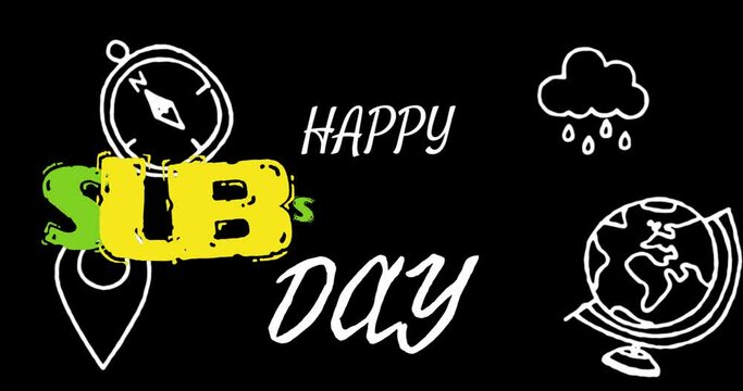 Animation of happy substitute day text and school items icons on black background