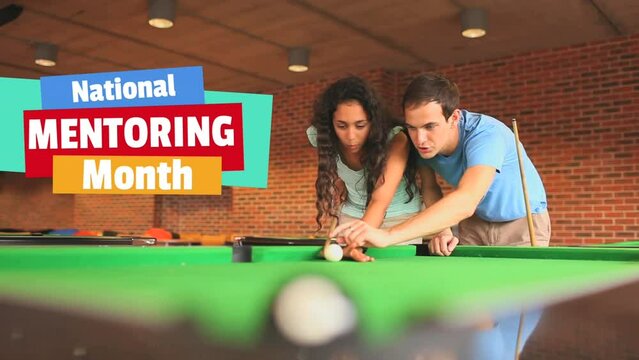 Animation of national mentoring month text over diverse couple playing billard