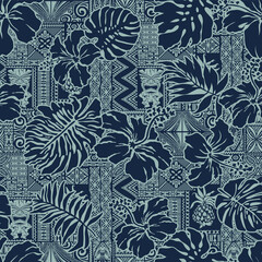 Hawaiian style hibiscus flowers and tropical leaves with tribal elements background patchwork abstract vintage vector seamless pattern  - 498281267