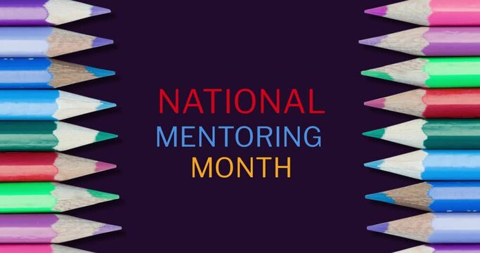 Animation of national mentoring month text with colour pencils on black background