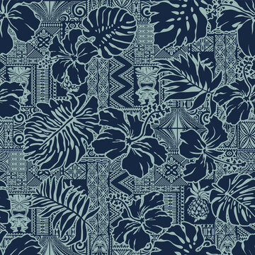 Fototapeta Hawaiian style hibiscus flowers and tropical leaves with tribal elements background patchwork abstract vintage vector seamless pattern 
