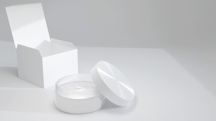 Cosmetics product packaging with opened box, front view, white. Mockup