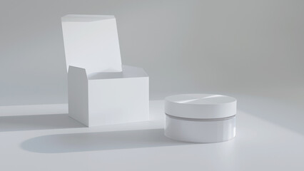 Cosmetics product packaging with opened box, front view, white. Mockup