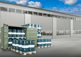 Flammable cargo. Barrels with flammable sign on pallets. Cargo container next to warehouse. Storage of chemical products. Explosive chemical products. Open air chemical warehouse. 3d rendering. - obrazy, fototapety, plakaty