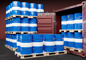 Barrel oil. Chemical plant storage. Barrel oil on pallets. Oil products storage and metal container. Toxic products are stored in hangar. Warehouse visualization with blue barrels. 3d image.