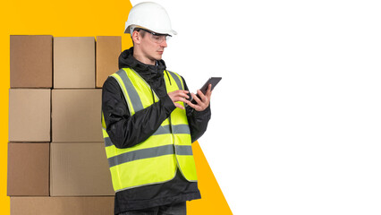 Warehouse services. Warehouse worker with tablet computer. Place for text on white. Man in yellow...