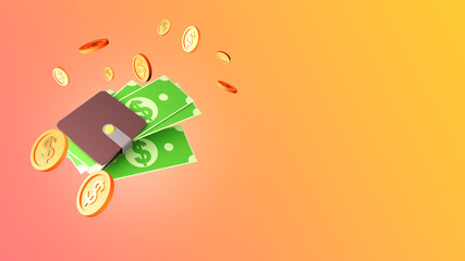 Wallet with money. Wallet on colorful background. Advertisement for financial services. Concept of cash back for purchases. Banknotes and coins to pay for purchases. Cash back promotion. 3d image.