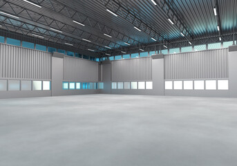 Empty warehouse. Warehouse or industrial premises without anyone. Hangar for exhibition events. Spacious hangar with windows on walls. Empty warehouse with high ceiling. 3d rendering.