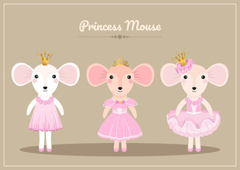 Cute cartoon baby mouse princess collection. Little mice princess characters set.