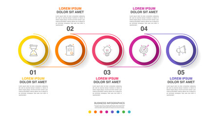 Modern and simple line vector illustration. Infographic template with five circles, elements, sectors and percentages. Designed for business, presentations, timeline, web design 5 step diagrams