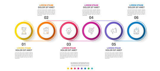 Modern and simple line vector illustration. Infographic template with six circles, elements, sectors and percentages. Designed for business, presentations, chart, interface 6 step diagrams