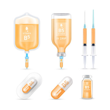 Vitamin B5 inside saline bag, capsule, vaccine bottle and syringe isolated on white background vector. Serum collagen vitamins IV drip and minerals orange for health. Medical aesthetic concept.