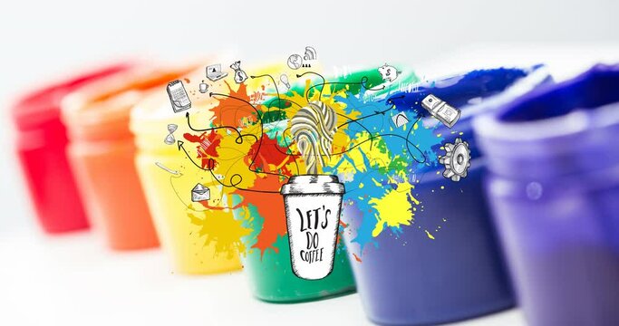 Animation of let's do coffee text and icons over colorful paints on white background