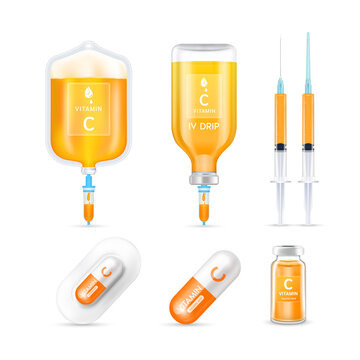 Vitamin C inside saline bag, capsule, vaccine bottle and syringe isolated on white background vector. Serum collagen vitamins IV drip and minerals orange for health. Medical aesthetic concept.