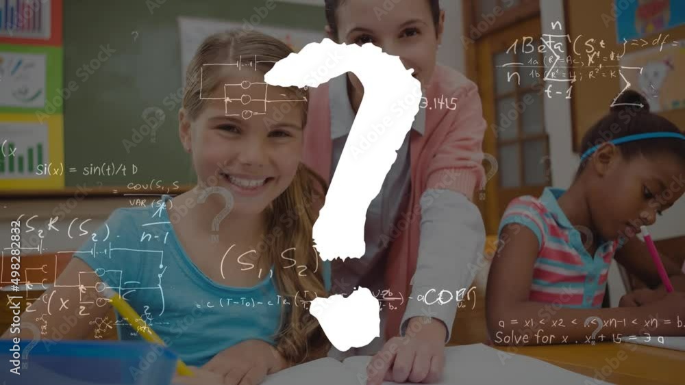 Poster animation of question mark and mathematical formulas over students and teacher