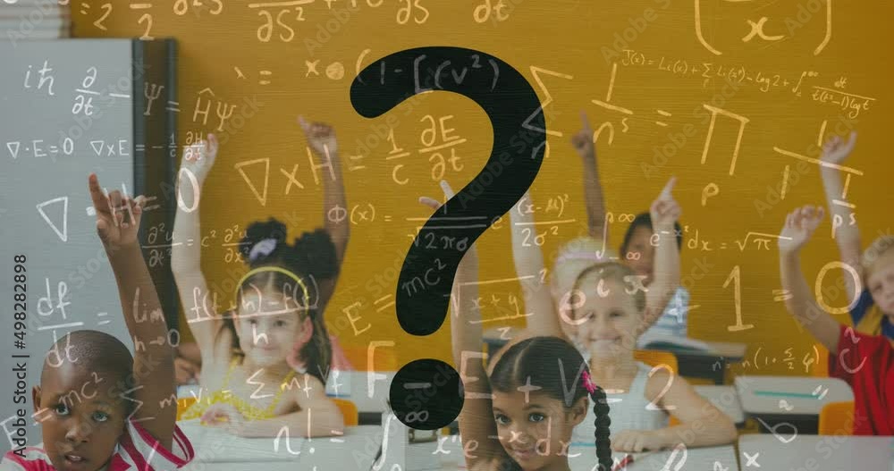 Poster animation of question mark and mathematical formulas over children in classroom