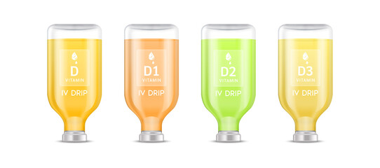 Vitamin A inside saline bag, capsule, vaccine bottle and syringe isolated on white background vector. Serum collagen vitamins IV drip and minerals pink for health. Medical aesthetic concept.