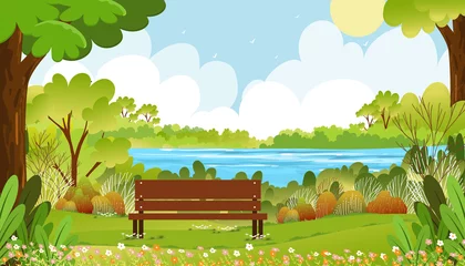 Kissenbezug Spring landscape wonderland by theriver with grass field forest in morning,Vector banner backdrop Summer time in the park,Green park with grass and flower blooming,Cute Natural background for kids © Anchalee