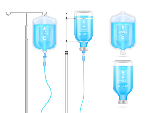 Vitamin E Solution Inside Saline Bag, Bottle And Syringe Hanging On Pole. Isolated On White Background Vector. Collagen Vitamins IV Drip And Minerals Blue For Health. Medical Aesthetic Concept