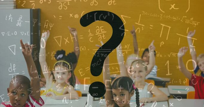 Animation of question mark and mathematical formulas over children in classroom