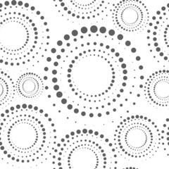 Vector. Seamless geometric pattern. Halftone monochrome dots in circle shape. Round perforated dynamic background. Stencil, dotted frame, web banner, cover, social media splash screen, wallpaper.