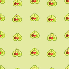 Seamless pattern with a cute pair of avocado halves and holding a heart. Vector illustration of valentine's day texture for postcard, textile, decor, paper, texture, wrapping.