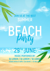 Summer beach party template poster. Sea coast with sunny sky and clouds. Beautiful summer scene with blue sky, clouds and tropical plants. 3d vector illustration. Summer party flyer for night club. © Yaran