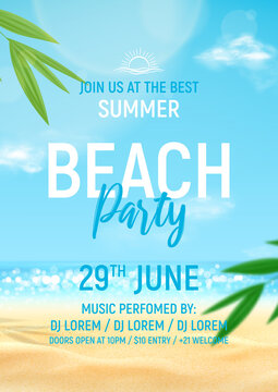 Summer beach party template poster. Sea coast with sunny sky and clouds. Beautiful summer scene with blue sky, clouds and tropical plants. 3d vector illustration. Summer party flyer for night club.