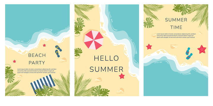 Set of summer travel flyers with beach items and wave. Tropical beach cards with sand, sea and palm trees. Vector illustration