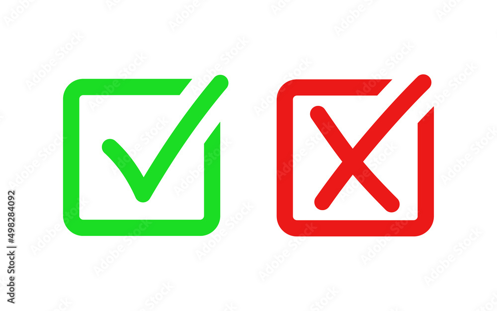 Aufkleber check box icon with checkmark icons green tick box and red cross, check list square frame with yes and no icons	

