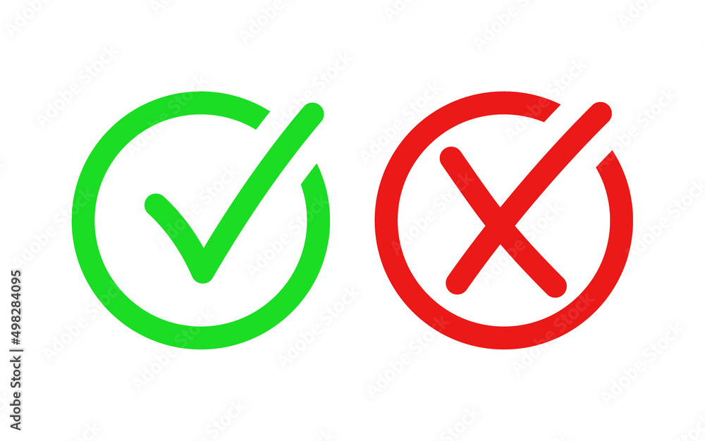 Aufkleber check box icon with checkmark icons green tick box and red cross, check list circle frame with yes and no icons	
