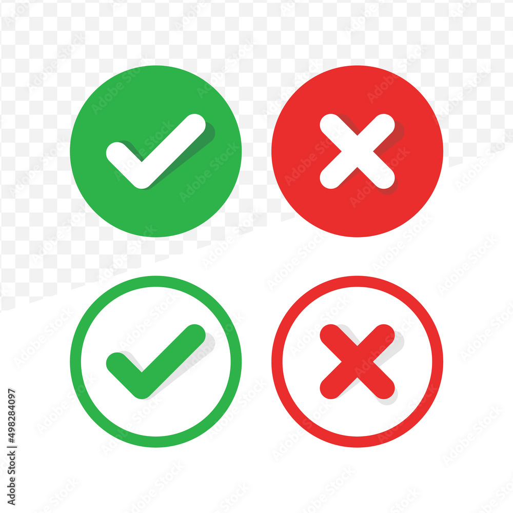 Poster check box icon with checkmark icons green tick box and red cross, check list circle frame with yes and no icons	
