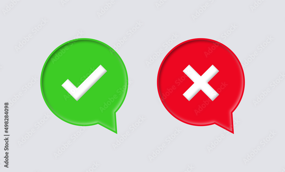 Poster 3d checkmark icon button in speech bubble correct and incorrect sign or check mark box frame with green tick and red cross symbols in chat bubbles - yes or no 3d icons buttons	
