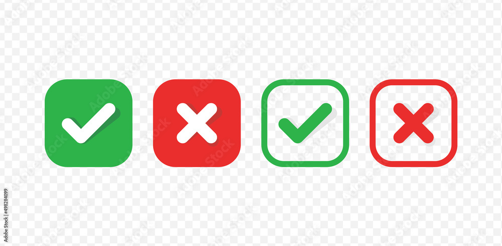 Aufkleber check box icon with checkmark icons green tick box and red cross, check list square frame with yes and no icons	
