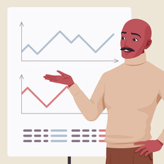 Handsome guy, spanish man, Latin America person, graph line report. Office worker, business look smart manager in beige turtleneck sweater, social media profile picture. Vector flat style illustration