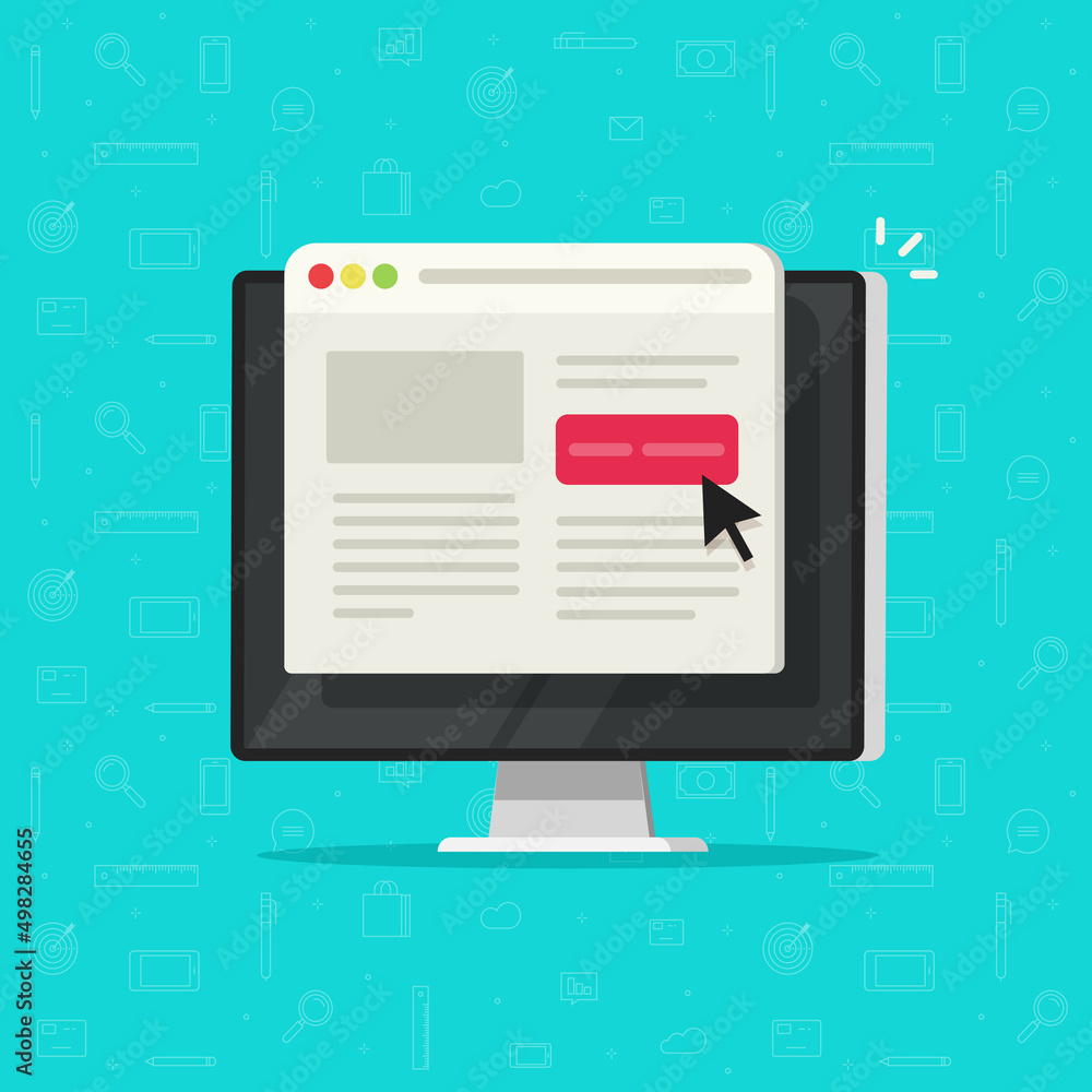 Poster computer online web site page screen with lead button click vector concept or website landing conten