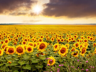 Obraz premium Field with yellow sunflowers and picturesque cloudy sky over the field at sunset