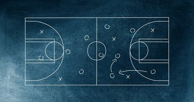 Animation of sports tactics over basketball court and chalkboard background