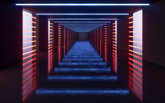 Dark tunnel, futuristic concept, 3d rendering.