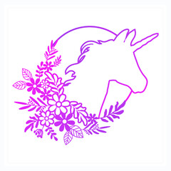 Unicorn Mandala with Flower. Vector, Line Art