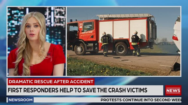 Breaking TV News Live Report: Anchor Talks. Split Screen Montage: Rescue Team Firefighters  on Fire Engine Arrive on Car Crash Traffic Accident Scene. Television Program Channel Playback. Luma Matte 