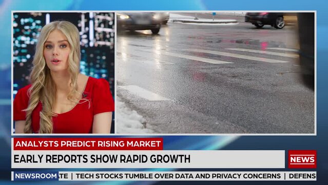 Split Screen TV News Live Report: Anchor Talks. Reportage Montage Covering: Economy, Business, City, Traffic, Green Solution, Real Estate Development. Television Program Channel Playback. Luma Matte 