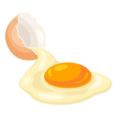 Illustration of broken chicken eggshell and liquid egg. Image for food and agricultural industries.