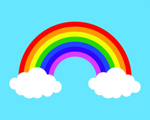 Colorful Rainbow with white clouds and blue sky Vector Illustration. Colorful Rainbow icon. Rainbow arc shape, half circle, cloud, sky, bright spectrum colors, colorful striped pattern. 
