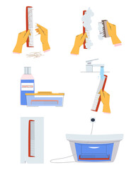 Comb disinfection procedure in the hairdresser after each client. Antifungal treatment of a hairdressing tool on the example of a comb. Flat vector illustration. Eps10