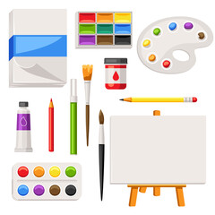 Background with painter tools and materials. Art supplies for creativity.